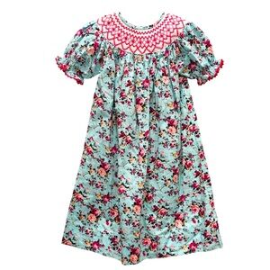 NWOT Smock Monkey Size 4 Blue/Pink Floral Smocked Bishop Dress w/Puff Sleeves